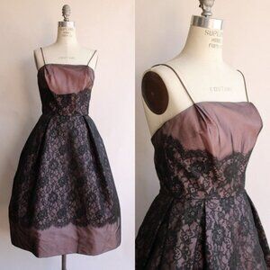 Vintage 1950s Dress, I Magnin Black and Pink Lace Fit and Flare, Extra Small